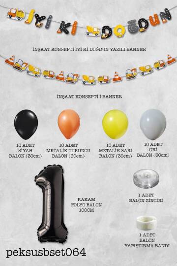 İnşaat Doğum Günü Balon Zinciri Yaş Balonlu Parti Süsleme Seti Bannerlı Rakam Balonlu Paket - 2