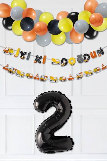 İnşaat Doğum Günü Balon Zinciri Yaş Balonlu Parti Süsleme Seti Bannerlı Rakam Balonlu Paket - 3