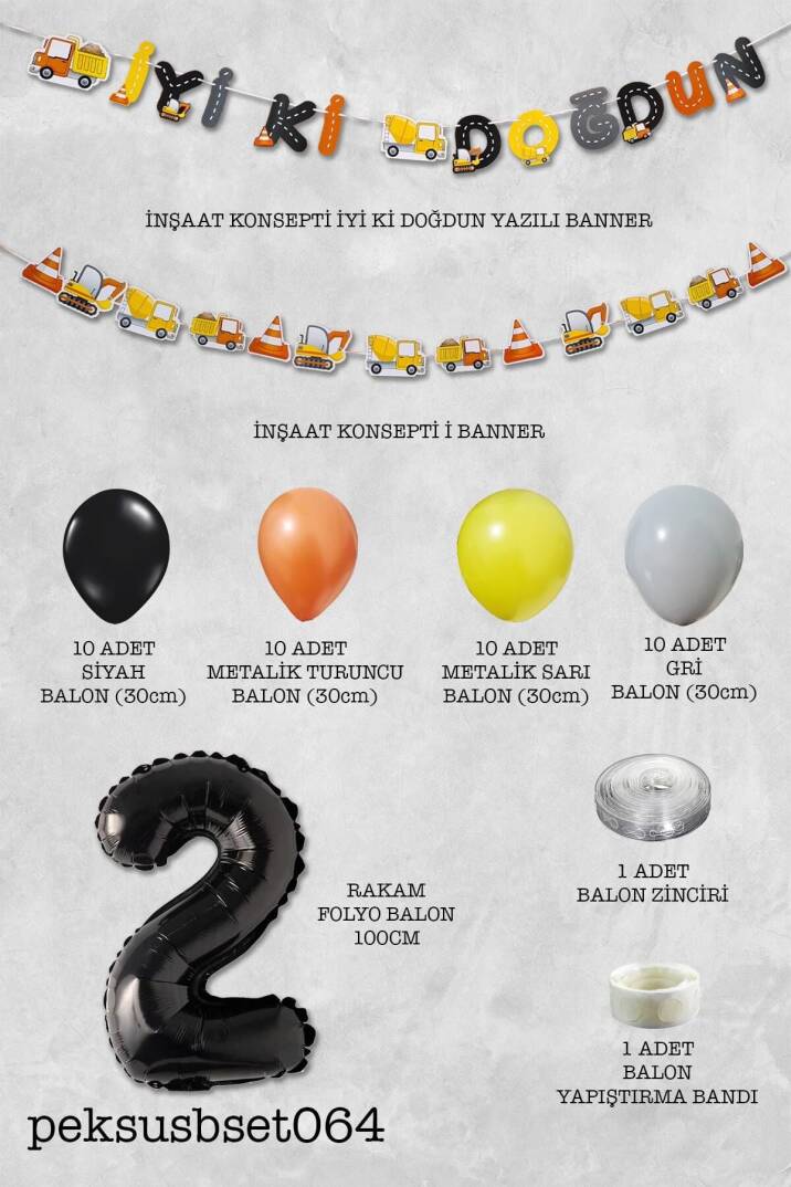 İnşaat Doğum Günü Balon Zinciri Yaş Balonlu Parti Süsleme Seti Bannerlı Rakam Balonlu Paket - 4