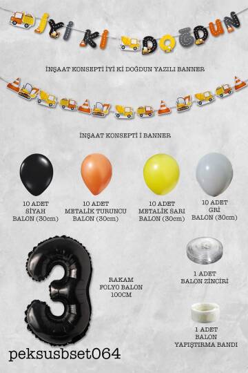 İnşaat Doğum Günü Balon Zinciri Yaş Balonlu Parti Süsleme Seti Bannerlı Rakam Balonlu Paket - 6