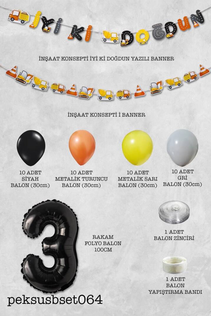 İnşaat Doğum Günü Balon Zinciri Yaş Balonlu Parti Süsleme Seti Bannerlı Rakam Balonlu Paket - 6