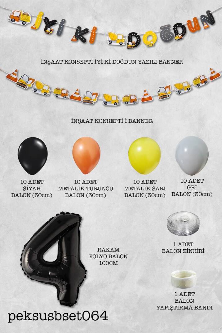 İnşaat Doğum Günü Balon Zinciri Yaş Balonlu Parti Süsleme Seti Bannerlı Rakam Balonlu Paket - 8