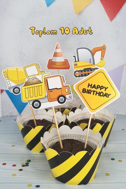 İnşaat Konsept Kürdan Süsleri Cupcake Süsleri Lüks Büyük Boy 10lu Paket - 5