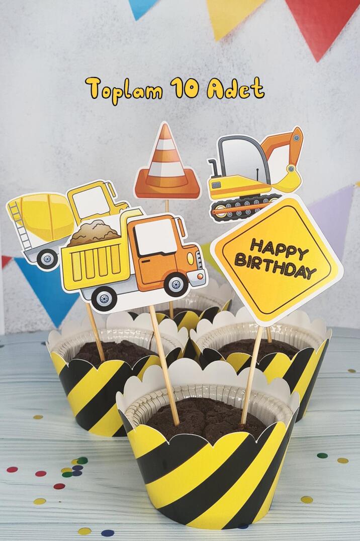 İnşaat Konsept Kürdan Süsleri Cupcake Süsleri Lüks Büyük Boy 10lu Paket - 5