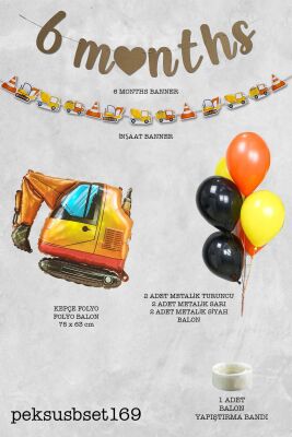 İnşaat Tema 6 Aylık Yarım Yaş Partisi Balon Zinciri Seti 6 Months Bannerlı - 2