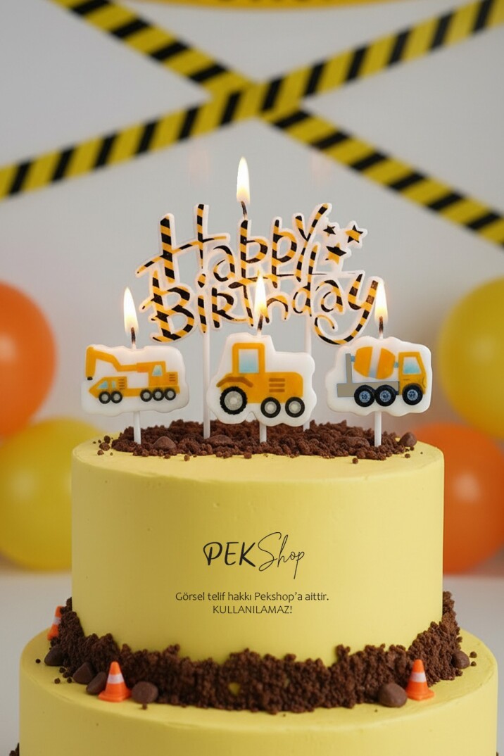 İnşaat Tema Happy Birthday Mum Seti 4lü İnşaat Tema Doğum Günü Pasta Mum Seti - 1