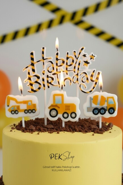 İnşaat Tema Happy Birthday Mum Seti 4lü İnşaat Tema Doğum Günü Pasta Mum Seti - 2
