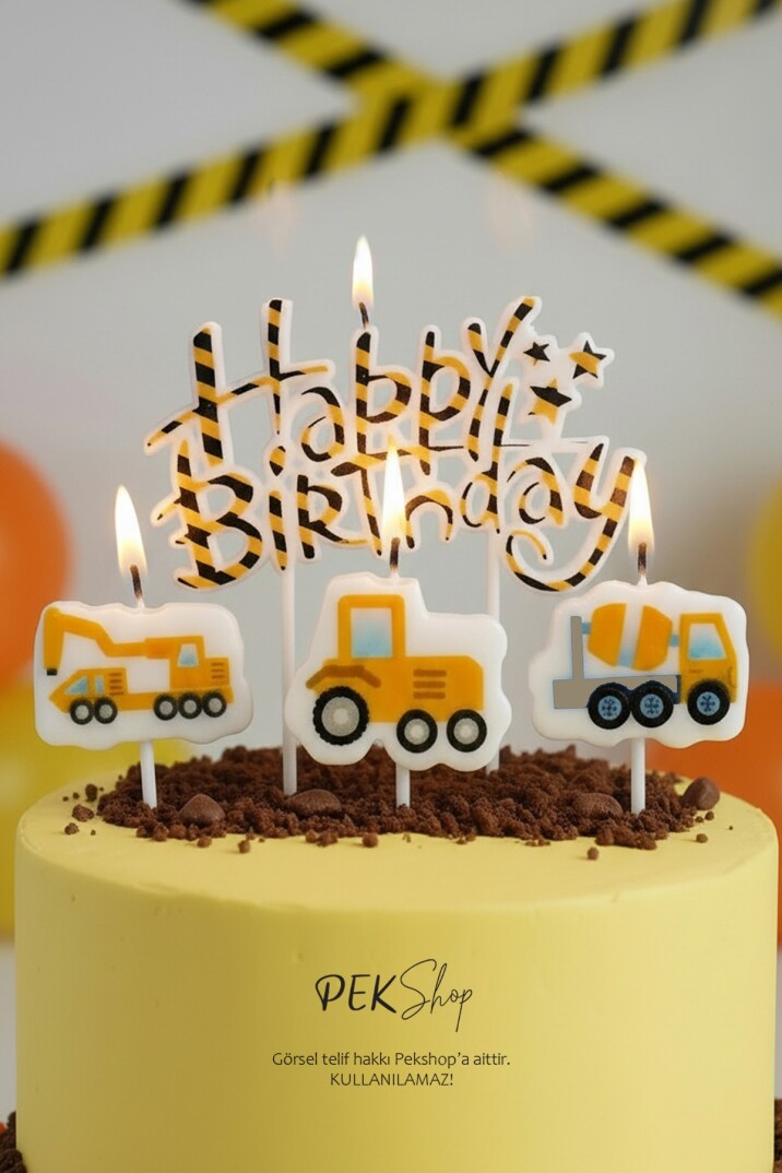 İnşaat Tema Happy Birthday Mum Seti 4lü İnşaat Tema Doğum Günü Pasta Mum Seti - 2