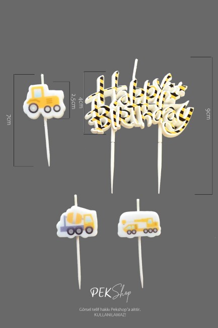 İnşaat Tema Happy Birthday Mum Seti 4lü İnşaat Tema Doğum Günü Pasta Mum Seti - 3