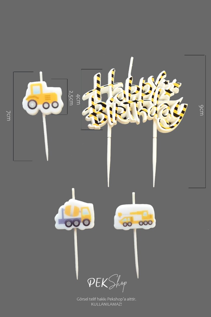 İnşaat Tema Happy Birthday Mum Seti 4lü İnşaat Tema Doğum Günü Pasta Mum Seti - 3