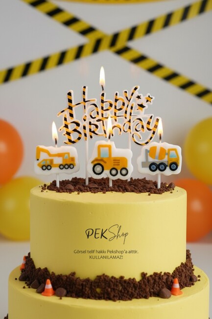 İnşaat Tema Happy Birthday Mum Seti 4lü İnşaat Tema Doğum Günü Pasta Mum Seti