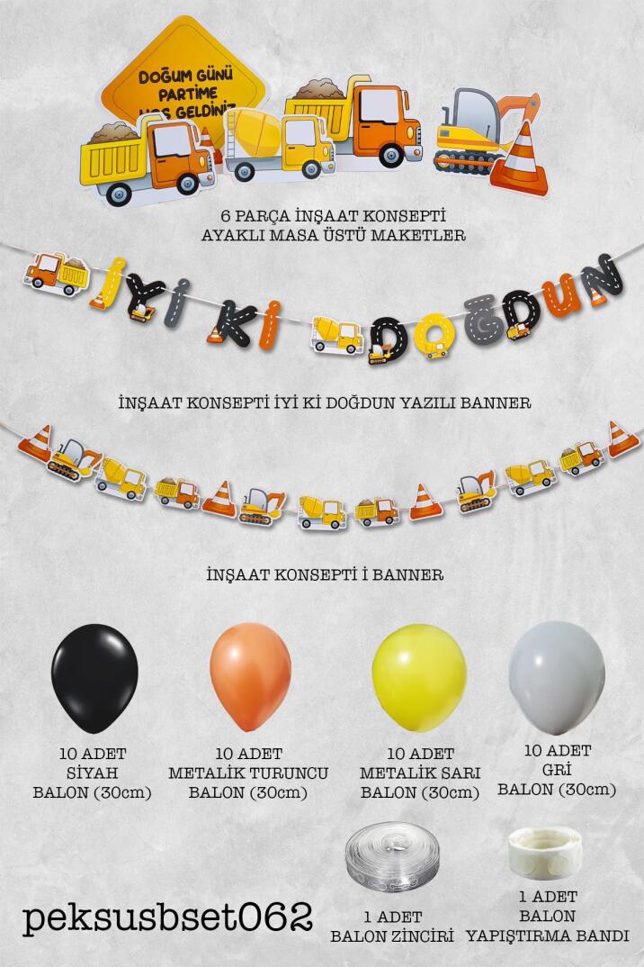 İnşaat Temalı Doğum Günü Parti Seti Ayaklı Masa Üstü Maket Bannerlı Parti Süsleme Seti - 2