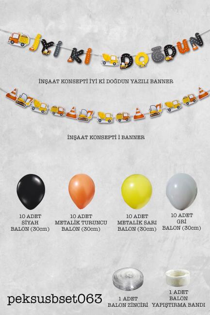 İnşaat Temalı Doğum Günü Parti Seti Balon Zinciri Bannerlı Doğum Günü Süsleme Seti - 2