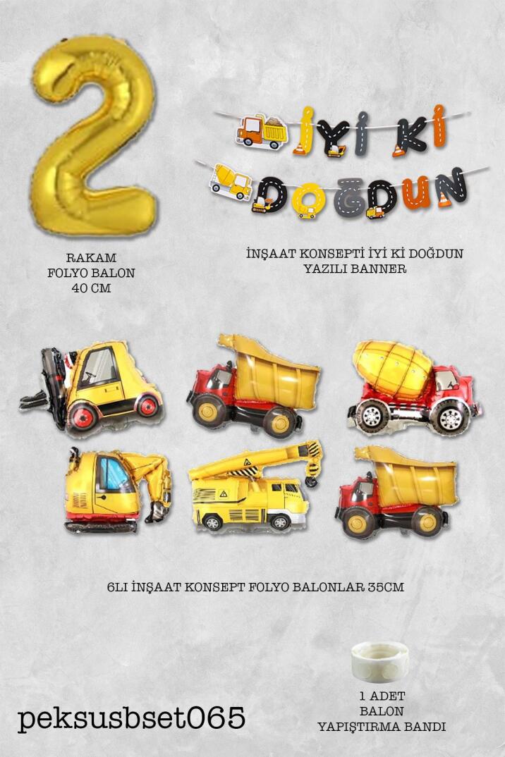 İnşaat Temalı Doğum Günü Parti Seti Yaş Balonlu Bannerlı Doğum Günü Süsleme Seti - 4