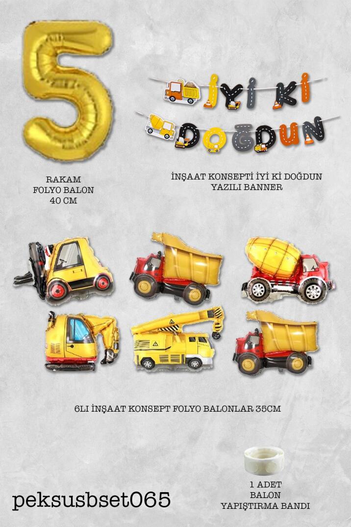 İnşaat Temalı Doğum Günü Parti Seti Yaş Balonlu Bannerlı Doğum Günü Süsleme Seti - 10