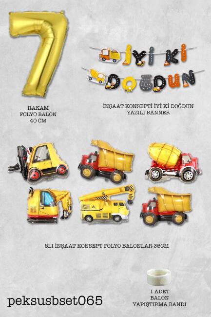 İnşaat Temalı Doğum Günü Parti Seti Yaş Balonlu Bannerlı Doğum Günü Süsleme Seti - 14