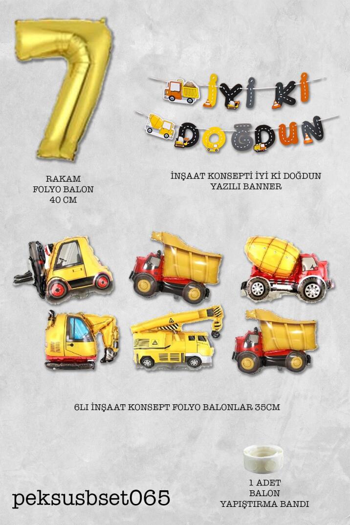 İnşaat Temalı Doğum Günü Parti Seti Yaş Balonlu Bannerlı Doğum Günü Süsleme Seti - 14