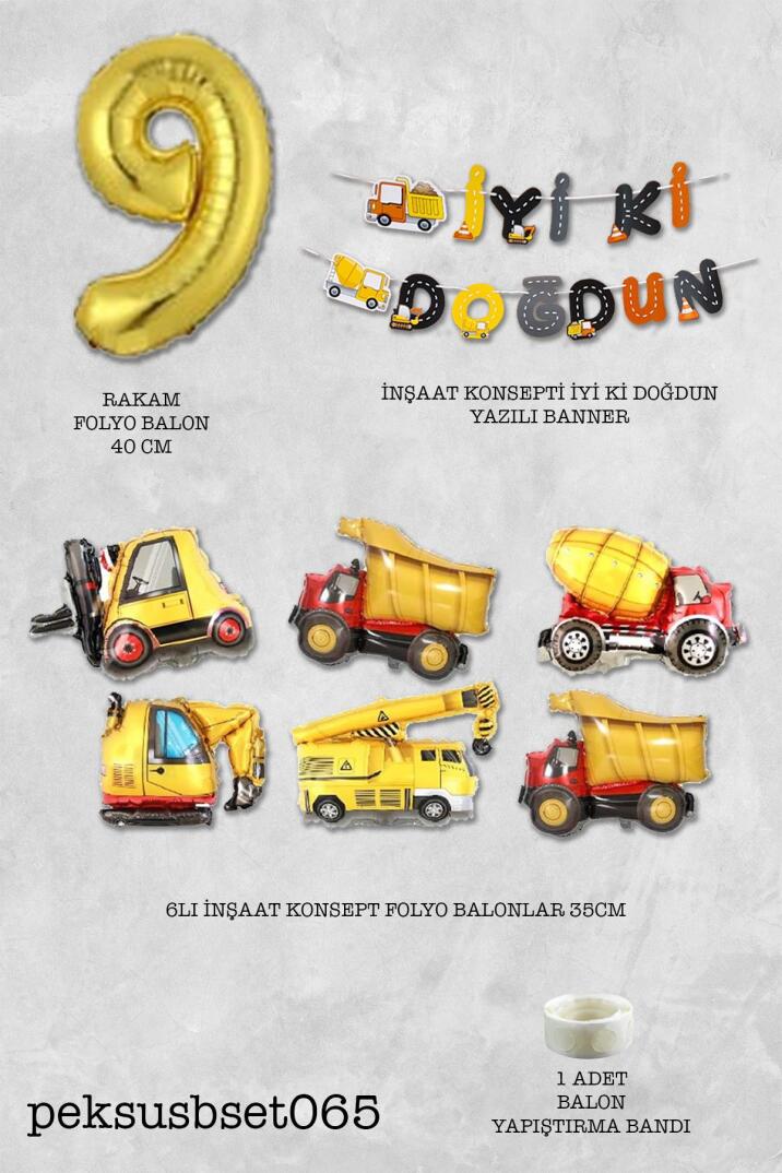 İnşaat Temalı Doğum Günü Parti Seti Yaş Balonlu Bannerlı Doğum Günü Süsleme Seti - 18
