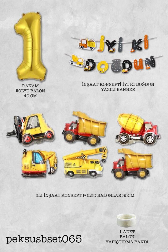 İnşaat Temalı Doğum Günü Parti Seti Yaş Balonlu Bannerlı Doğum Günü Süsleme Seti - 2