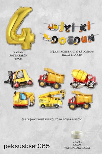 İnşaat Temalı Doğum Günü Parti Seti Yaş Balonlu Bannerlı Doğum Günü Süsleme Seti - 8