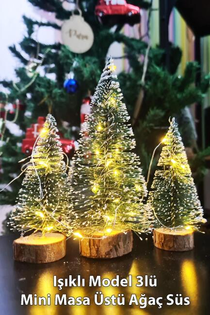 Işıklı Yılbaşı Ağacı 3lü Mini Masa Üstü Yılbaşı Ağacı Seti 3 Ad ve 3m Peri Led Işık - 1