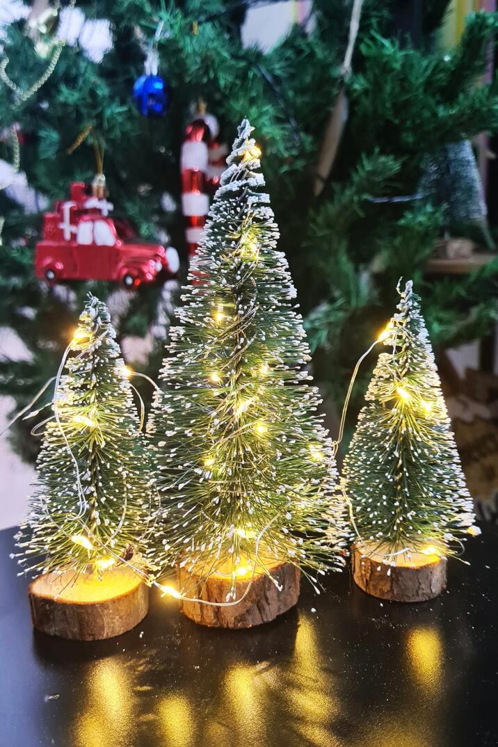 Işıklı Yılbaşı Ağacı 3lü Mini Masa Üstü Yılbaşı Ağacı Seti 3 Ad ve 3m Peri Led Işık - 2