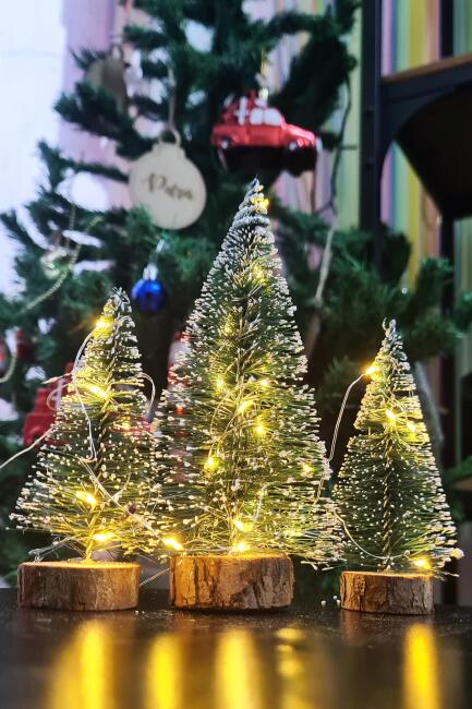 Işıklı Yılbaşı Ağacı 3lü Mini Masa Üstü Yılbaşı Ağacı Seti 3 Ad ve 3m Peri Led Işık - 3
