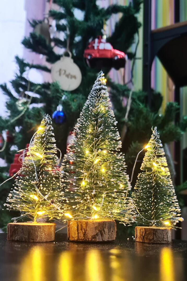 Işıklı Yılbaşı Ağacı 3lü Mini Masa Üstü Yılbaşı Ağacı Seti 3 Ad ve 3m Peri Led Işık - 3