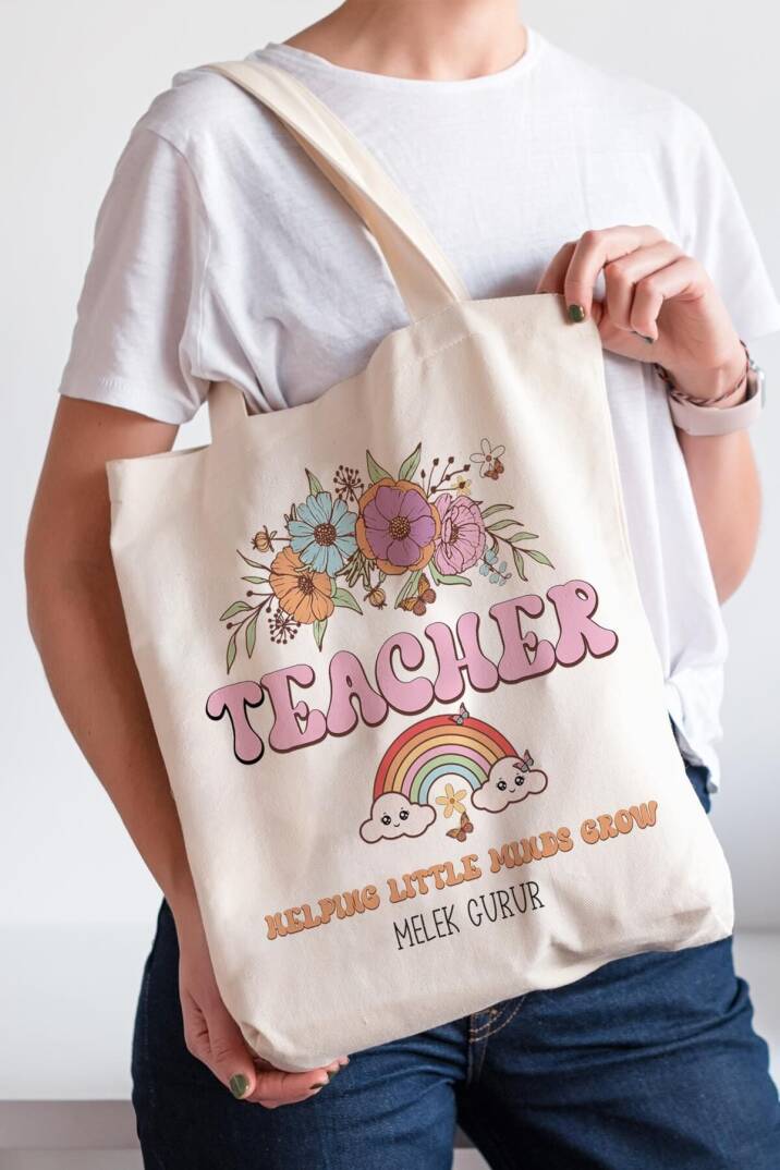 İsme Özel Baskılı Bez Çanta Öğretmenler Günü Hediyesi Çiçekli Teacher - 1