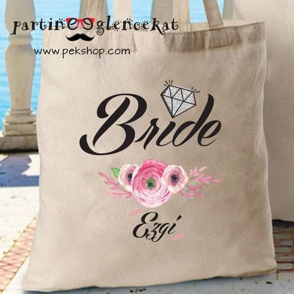 İsme Özel Baskılı Gelin Çantası Bride Bez Çanta - 1
