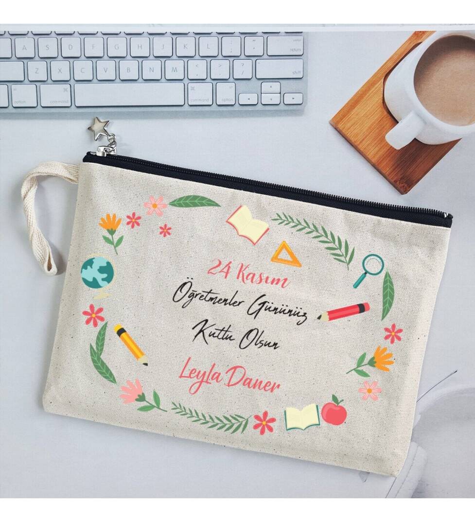 İsme Özel Baskılı Öğretmenler Günü Hediyesi Astarlı Clutch Çanta - 1