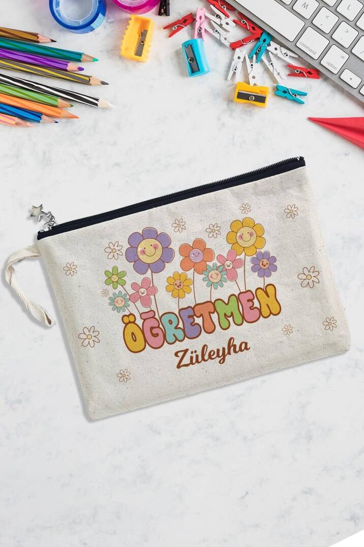 İsme Özel Baskılı Öğretmenler Günü Hediyesi Çiçek Desenli Astarlı Lüks Clutch Çanta - 1