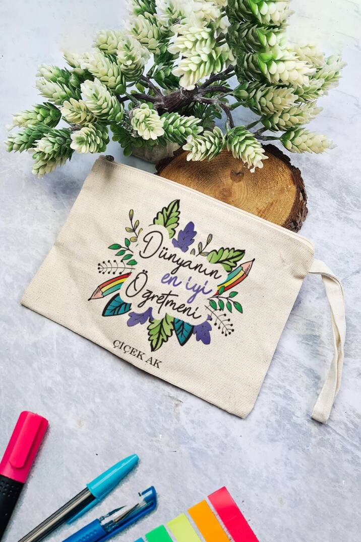 İsme Özel Baskılı Öğretmenler Günü Hediyesi Clutch Çanta Çiçekli - 1