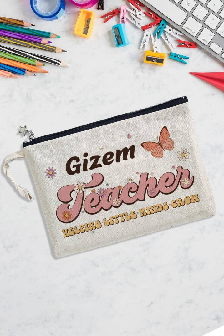 İsme Özel Kelebekli Öğretmenler Günü Hediyesi Astarlı Clutch Çanta - 1