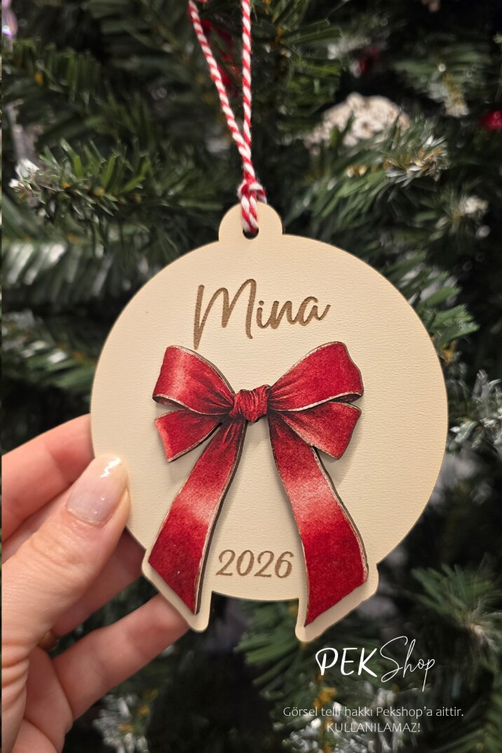 İsme Özel Kırmızı Fiyonk Figürlü İsimli Yılbaşı Ağaç Süsü - 2