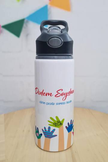 İsme Özel Matara Öğretmene Hediye Suluk 360 Derece Baskılı Pipetli 650ml Büyük Boy - 1
