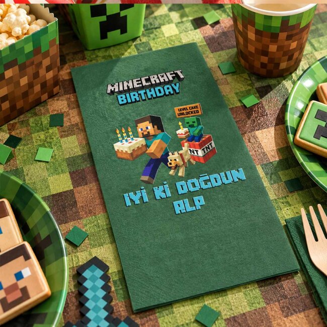 İsme Özel Minecraft Konsept Baskılı Yeşil Peçete