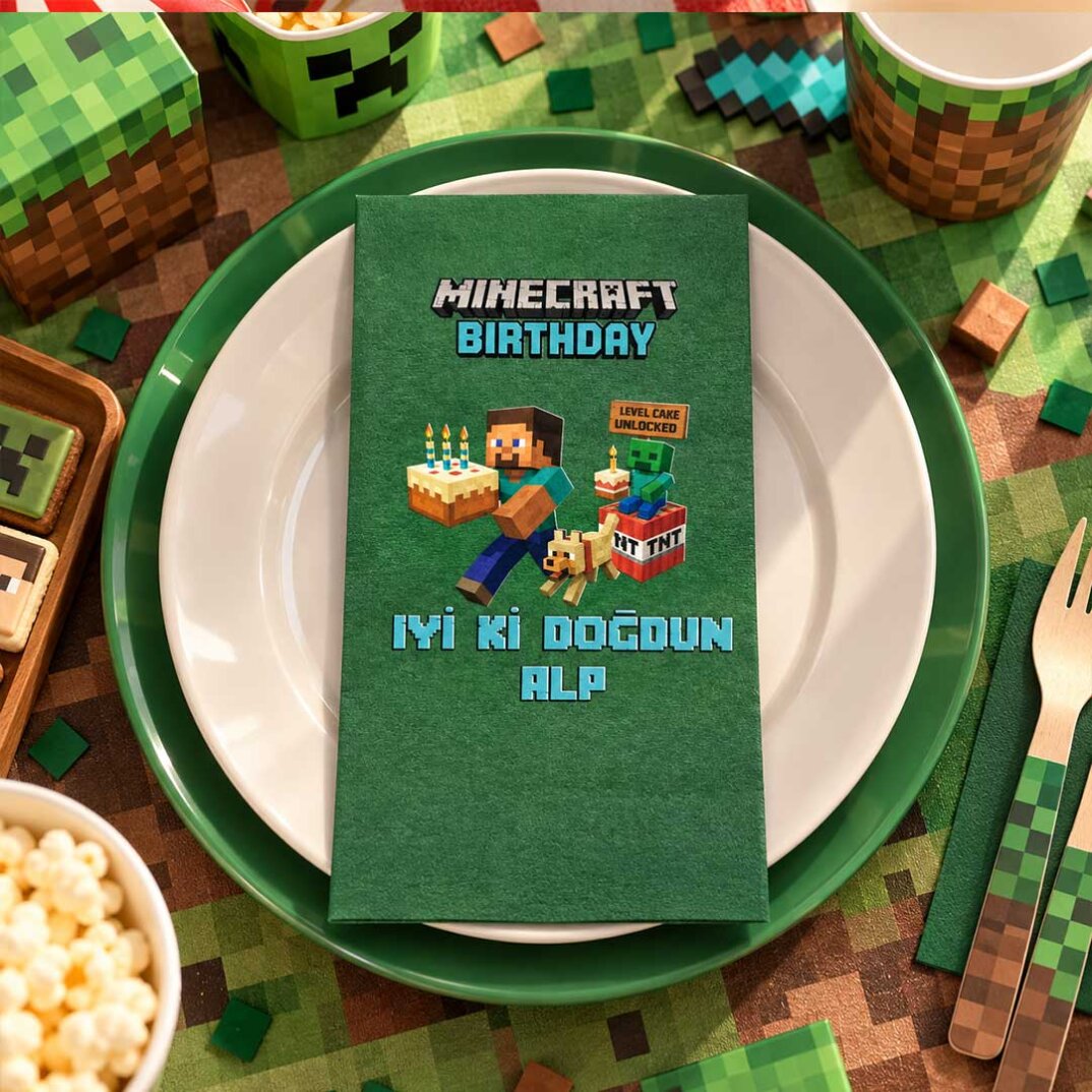 İsme Özel Minecraft Konsept Baskılı Yeşil Peçete - 2