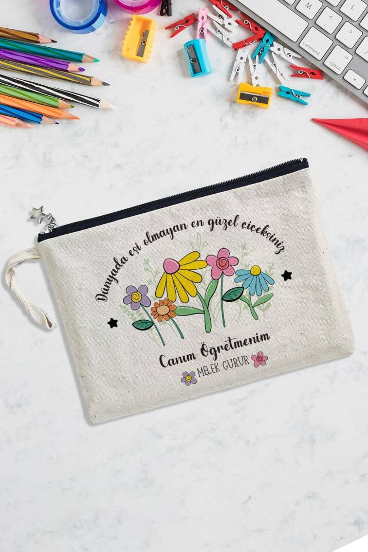 İsme Özel Öğretmenler Günü Hediyesi Astarlı Clutch Çanta Çiçek Bahçesi - 1