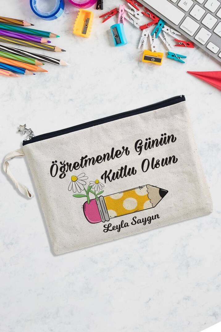 İsme Özel Öğretmenler Günü Hediyesi Astarlı Clutch Çanta Papatyalı - 1