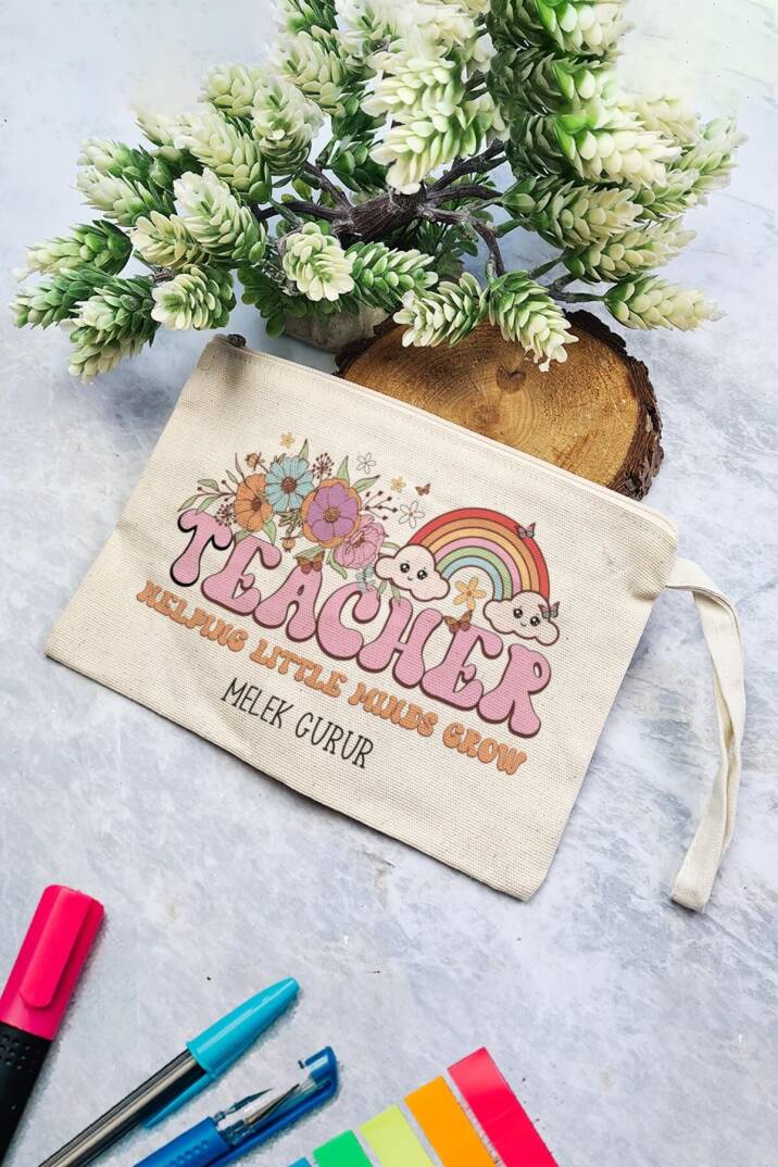 İsme Özel Öğretmenler Günü Hediyesi Clutch Çanta Çiçek Gökkuşağı - 1