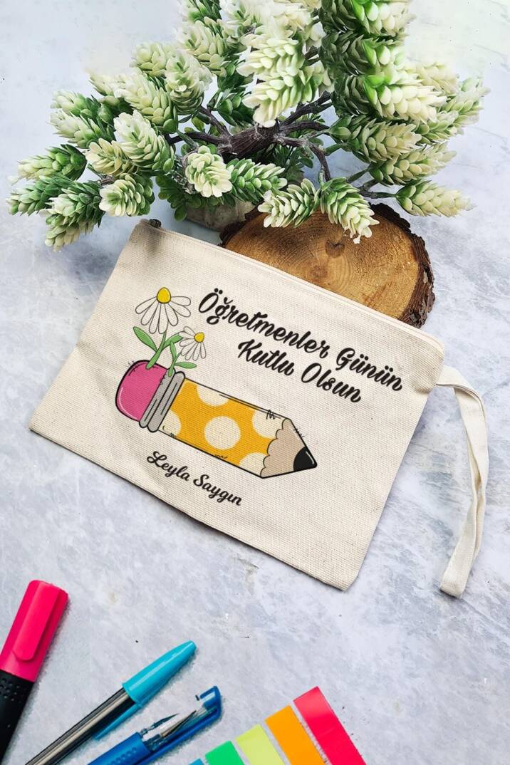 İsme Özel Öğretmenler Günü Hediyesi Clutch Çanta Çiçekli Kalem - 1