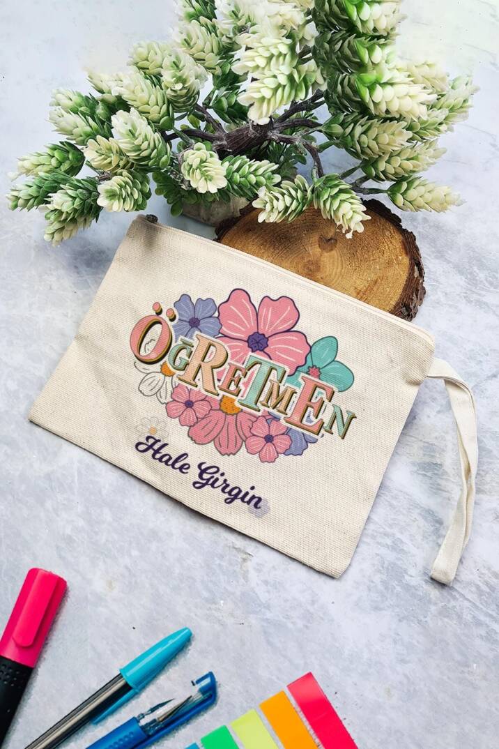 İsme Özel Öğretmenler Günü Hediyesi Clutch Çanta Çiçekli - 1