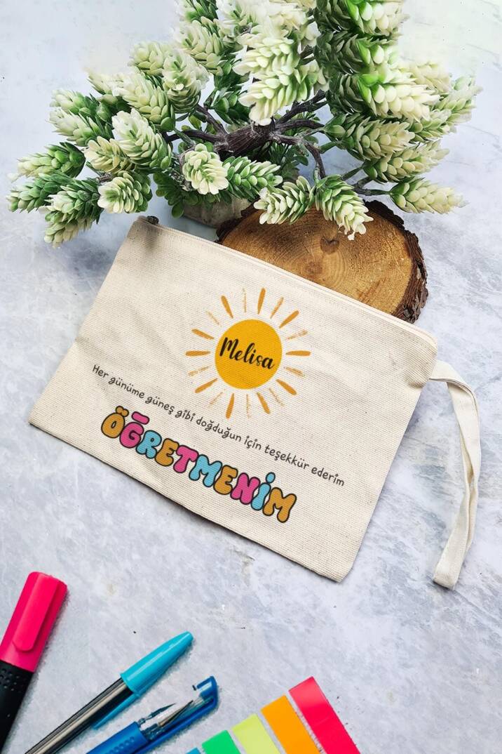 İsme Özel Öğretmenler Günü Hediyesi Clutch Çanta Güneş Desen - 1