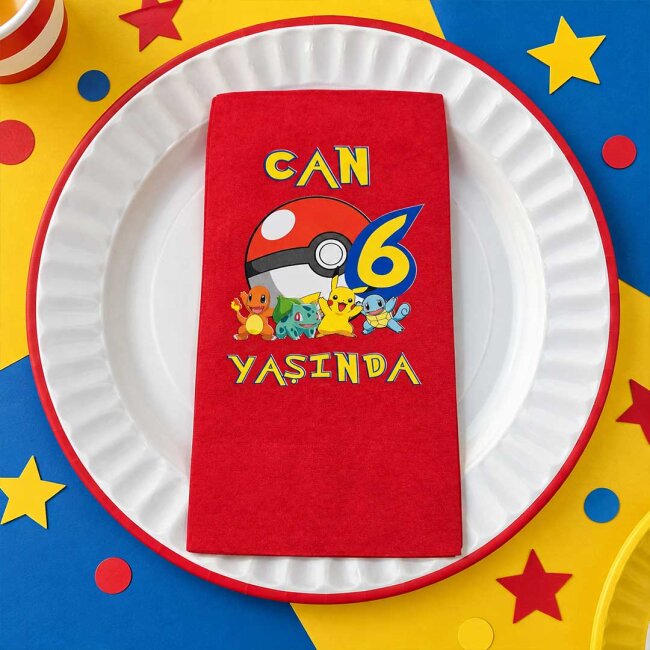 İsme Özel Pokemon Konsept Baskılı Kırmızı Peçete