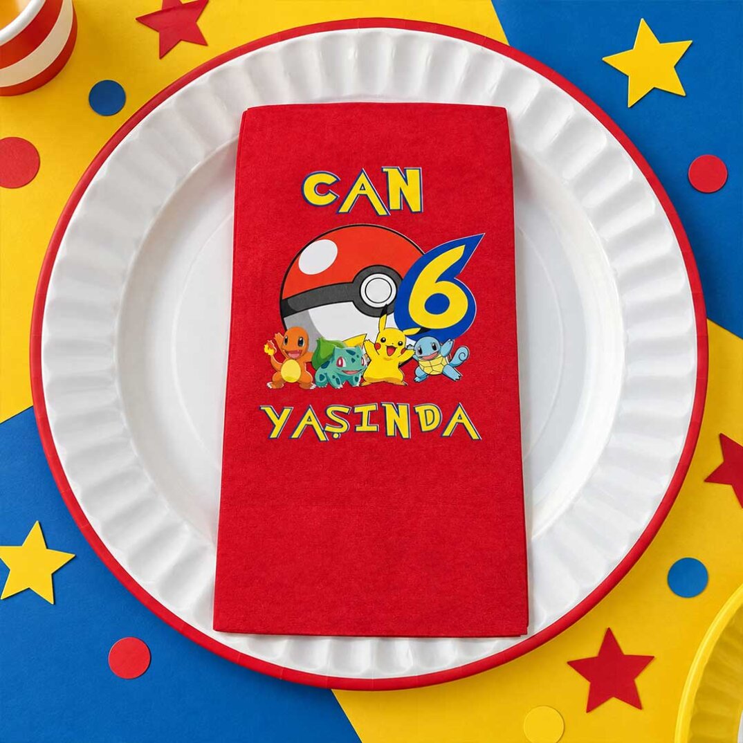 İsme Özel Pokemon Konsept Baskılı Kırmızı Peçete - 1
