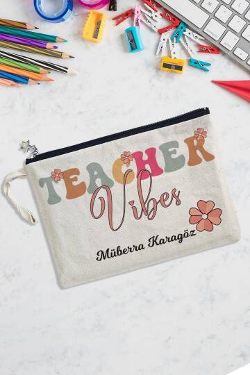 İsme Özel Teacher Vibes Öğretmene Hediye Astarlı Clutch Çanta