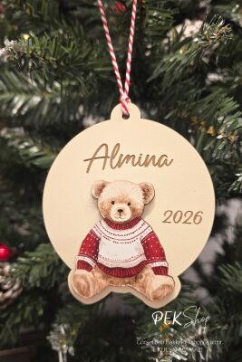 İsme Özel Teddy Bear Yakışıklı Ayı Figürlü İsimli Yılbaşı Ağaç Süsü - 1