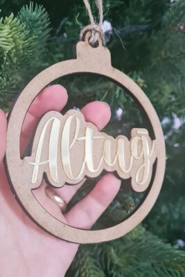 İsme Özel Üretim Ahşap Gold Aynalı Yılbaşı Ağaç Süsü Altın Ayna İsimli Çam Ağaç Süsü - 2