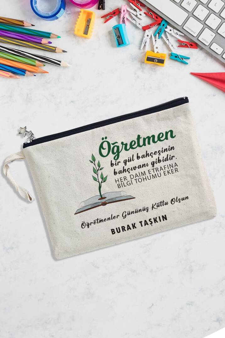 İsme Özel Üretim Mesajlı Öğretmenler Günü Hediyesi Clutch Çanta - 1